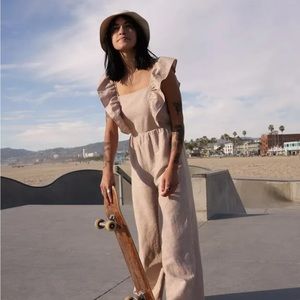 NWT Madewell Linen-Blend Ruffle Tie-Back Jumpsuit / 12 / SEED KHAKI NE779
